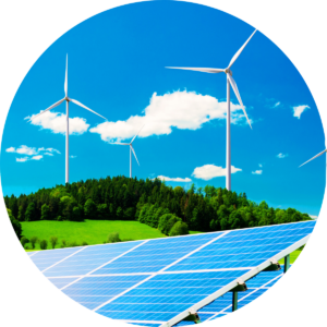 Photo of three windmills on a hill with solar panels