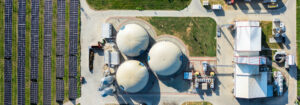 Aerial view of biogas plant using renewable energy for biomethane production