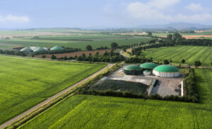 Aerial view of biogas plant using renewable energy for biomethane production