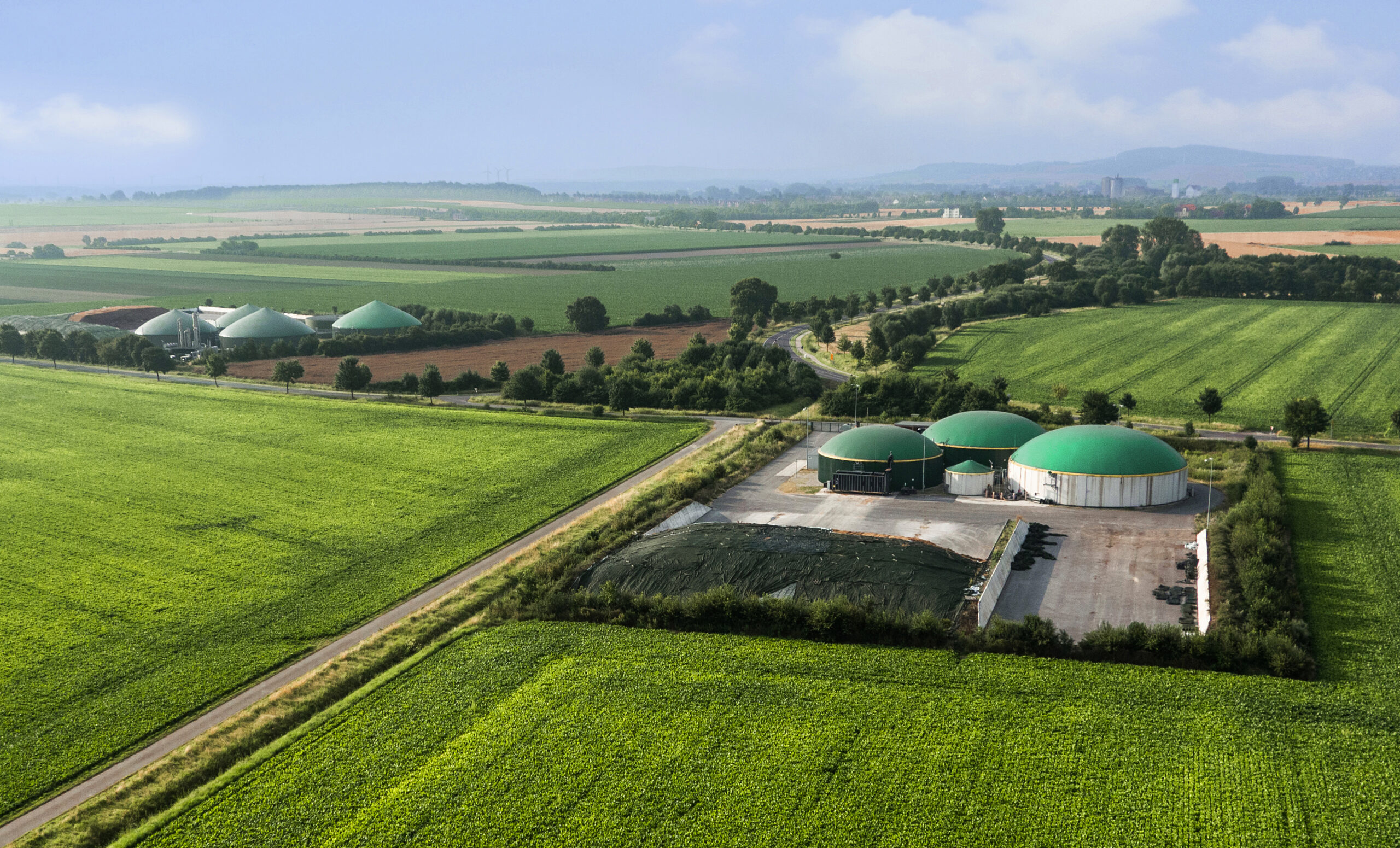 Aerial view of biogas plant using renewable energy for biomethane production