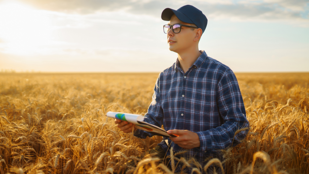 Farmer stands in his field looking at research papers